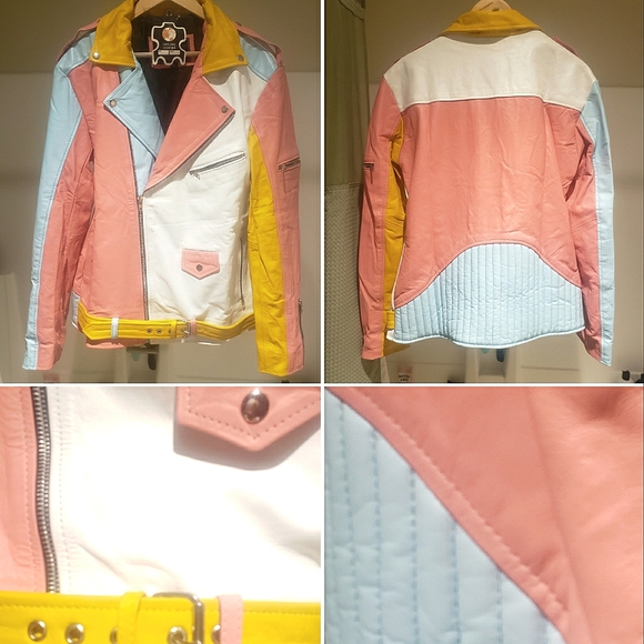 Rainbow pastel color block leather moto jacket. - Picture 6 of 13